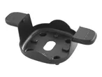 Black plastic wall mount or stand for a small electronic device, with a central opening.