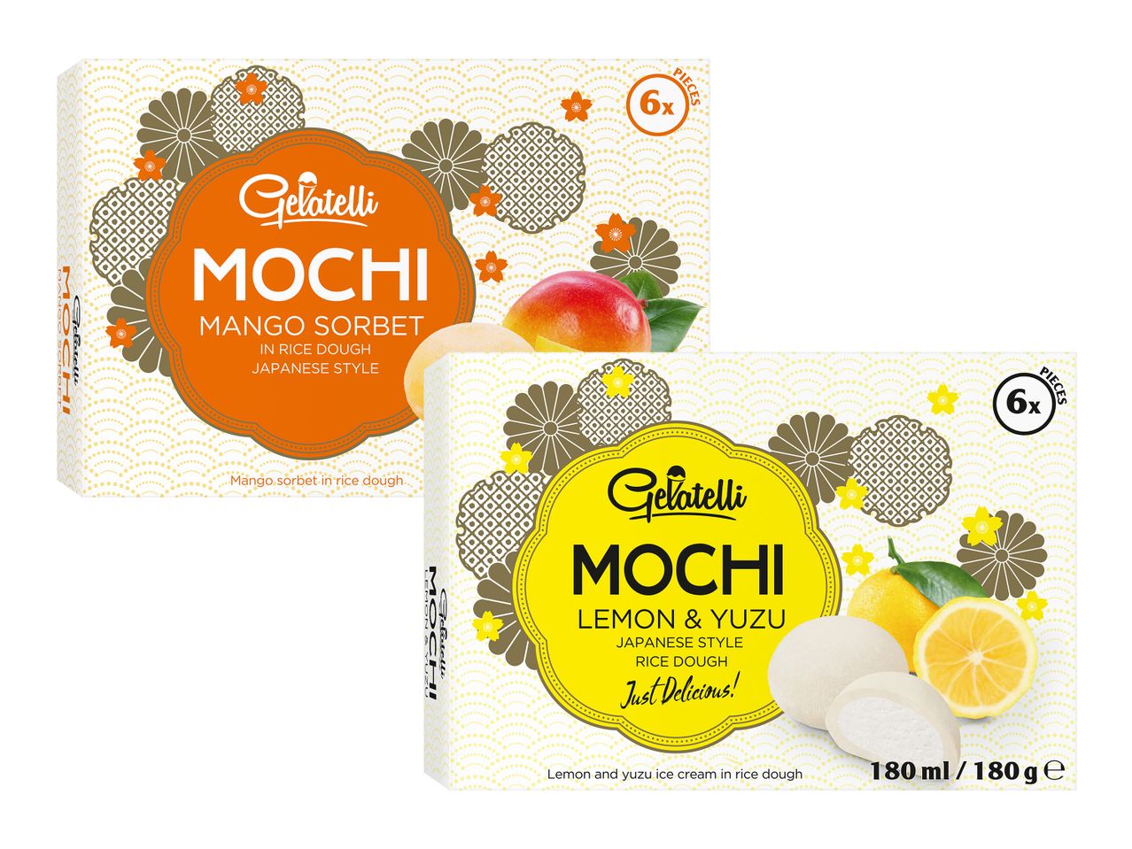 Gelatelli Mochi: sortimente de înghețată mango și lămâie-yuzu în aluat de orez, stil japonez.