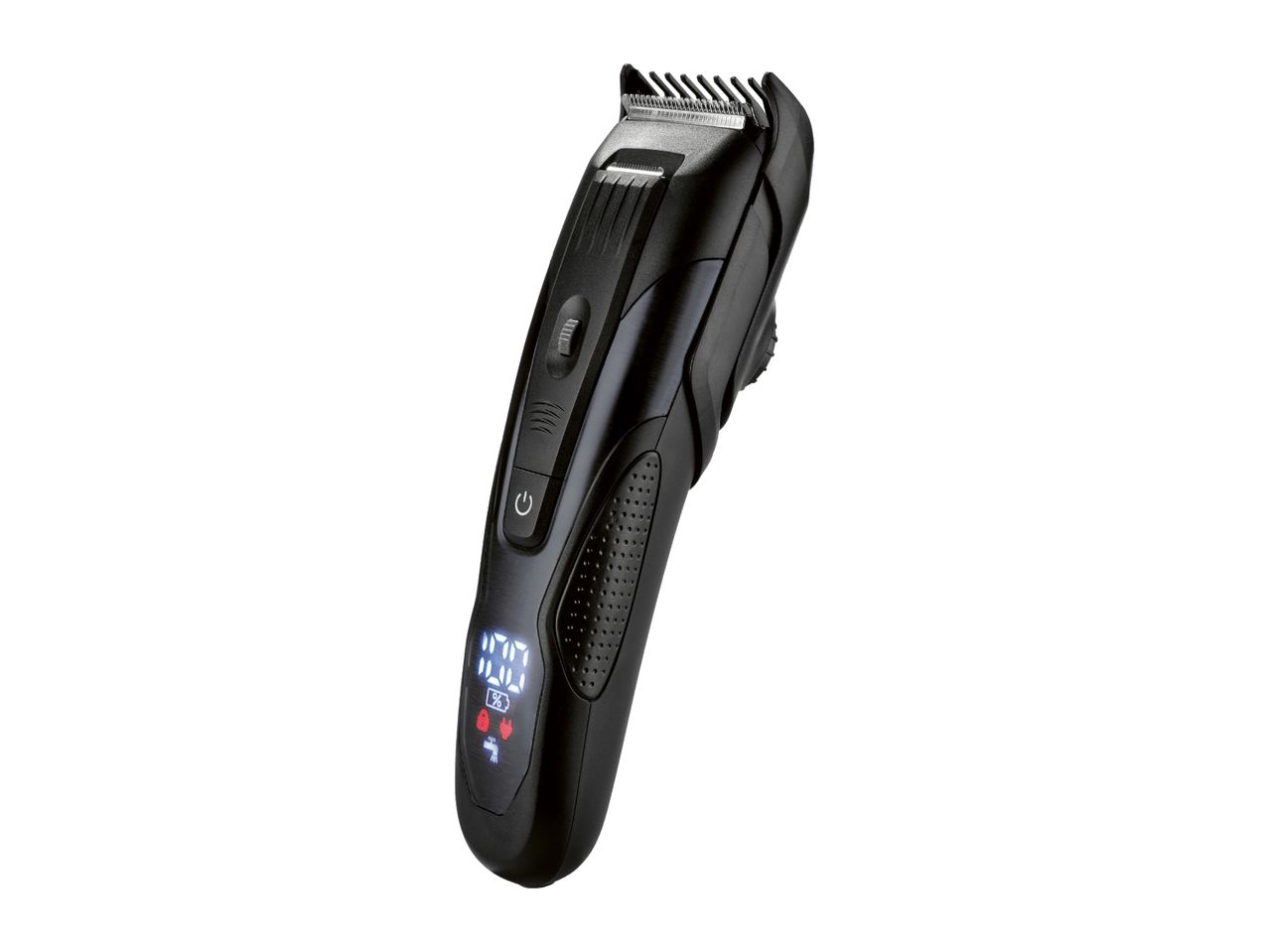 Black hair and beard trimmer with a digital display showing battery percentage and icons.