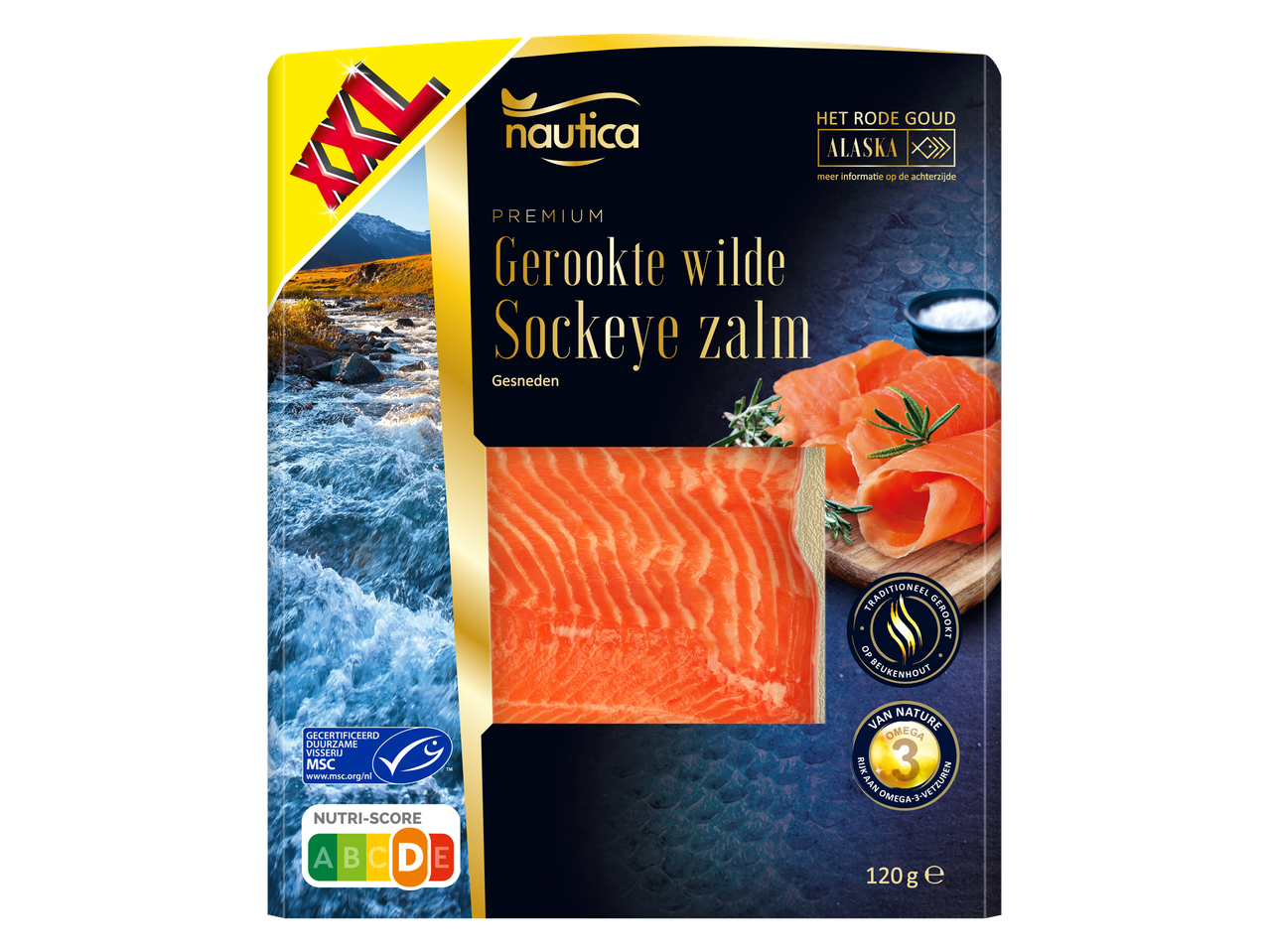 Nautica gerookte wilde sockeye zalm, 120g, met MSC en Nutri-Score A-E labels.