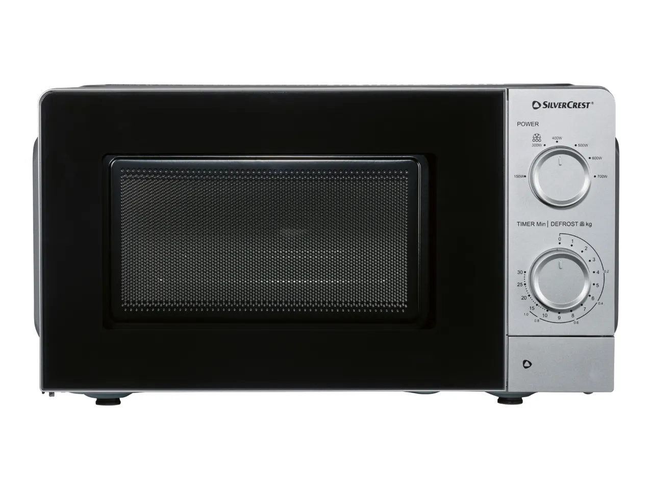 Black and silver microwave oven with two control dials for power and timer/defrost.