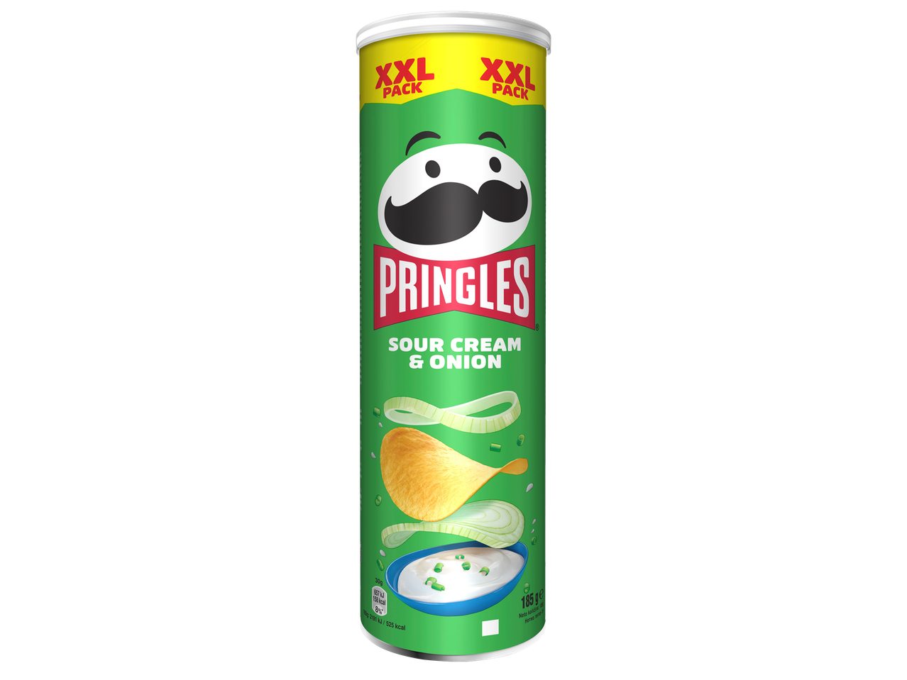 Зелена опаковка чипс с вкус на заквасена сметана и лук, с надпис 'XXL PACK'.