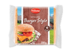 Pakke med 10 bløde osteskiver i burgerstil, med billede af en burger og et landskab.
