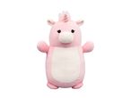 Pink unicorn plush toy with a white belly and a sparkly horn.