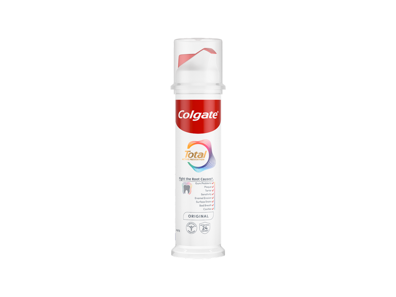 Pastă de dinți Colgate Total Active Prevention cu pompă, aromă originală, combate cauzele.