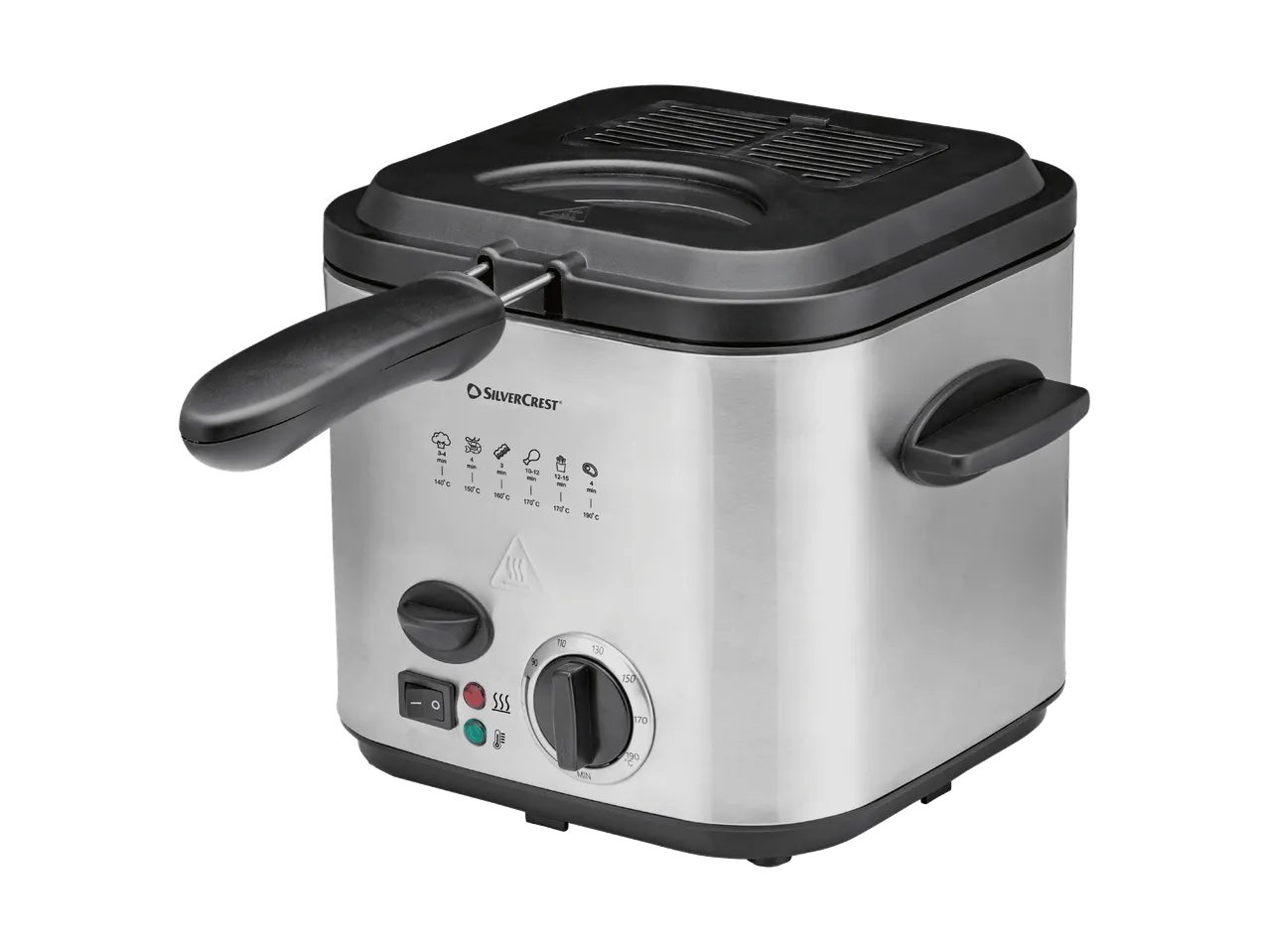 Friteuse en acier inoxydable avec couvercle noir, poignée et commandes de température.