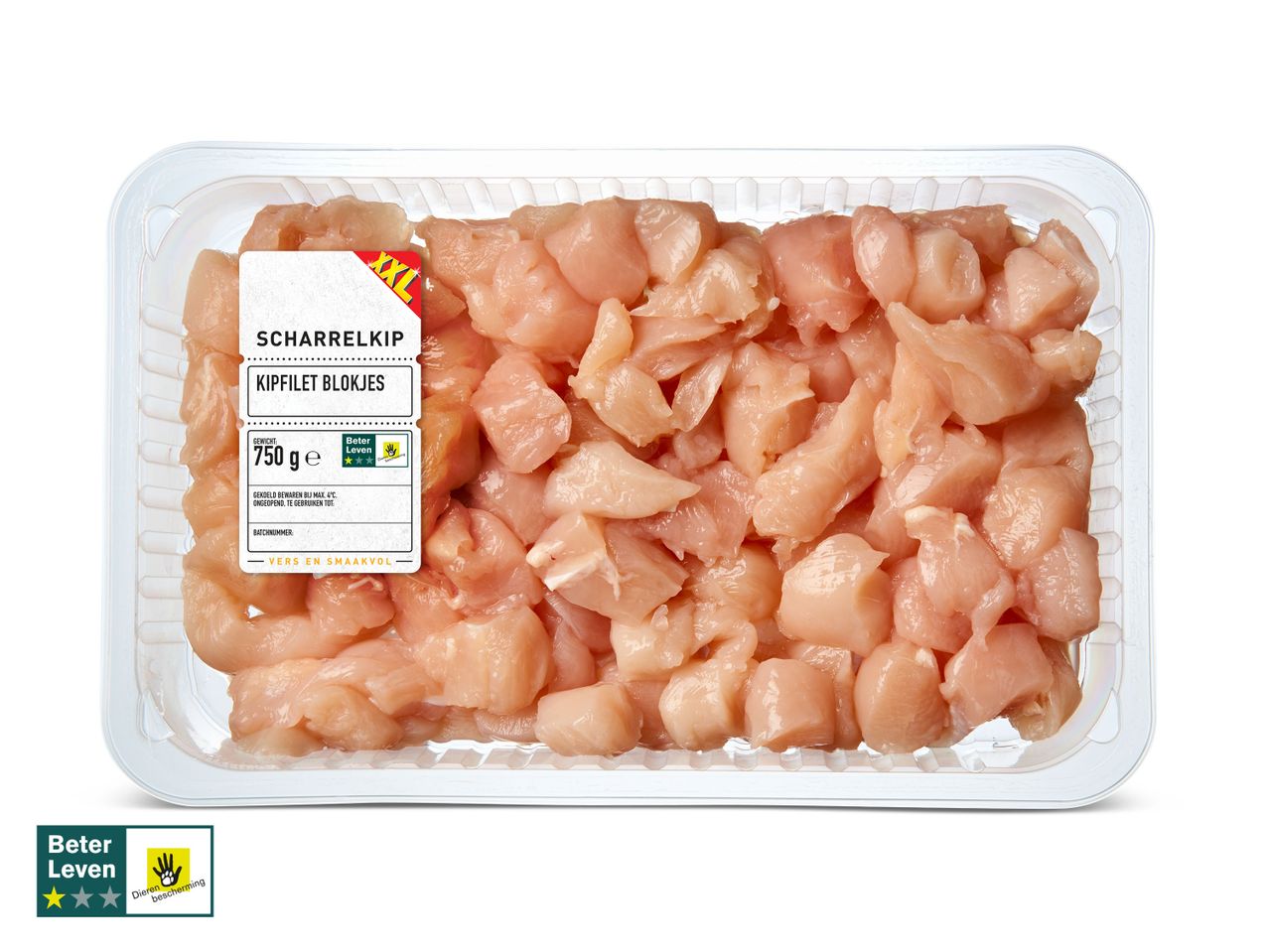 Beter Leven kipblokjes in een plastic schaal.