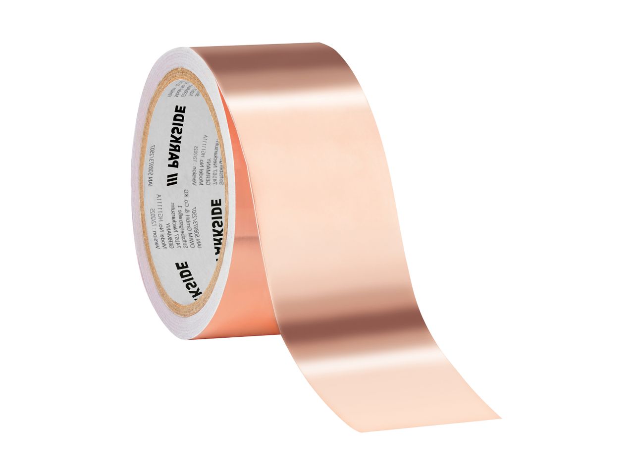 Rulle med kobberfarvet tape med hvid kerne og sort tekst.