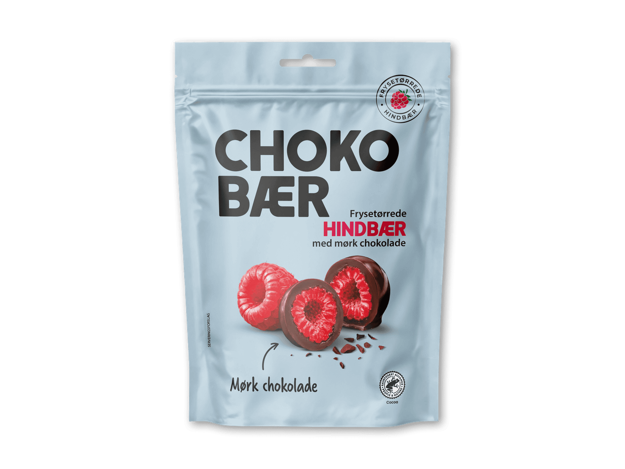 Pose med frysetørrede hindbær overtrukket med mørk chokolade.