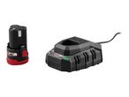 A black 12V battery and a black battery charger with a green indicator light.