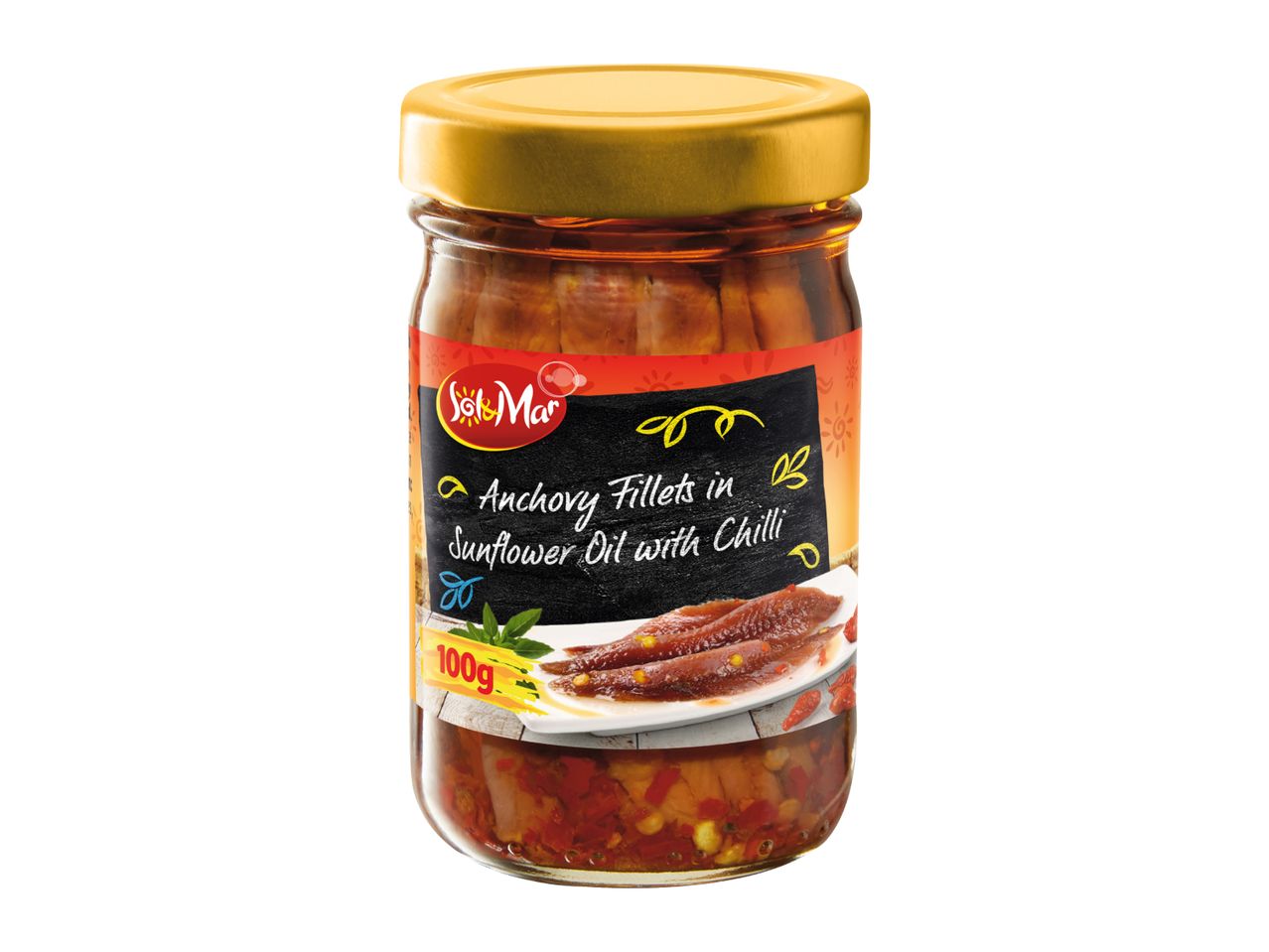 Jar of anchovy fillets in sunflower oil with chilli, 100g.