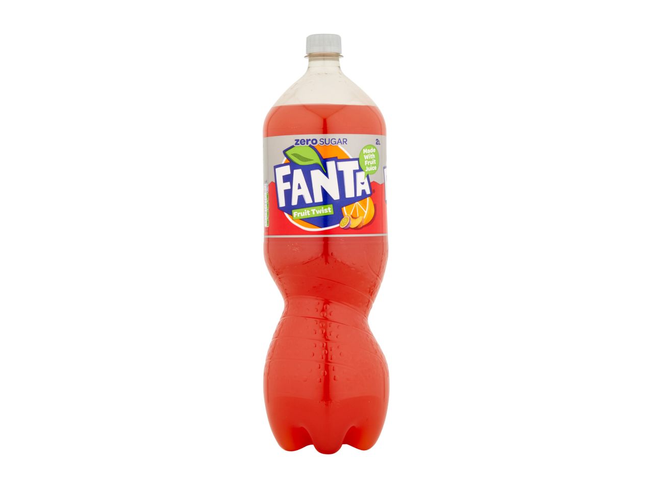 2L bottle of red fruit twist zero sugar soda with a white cap.