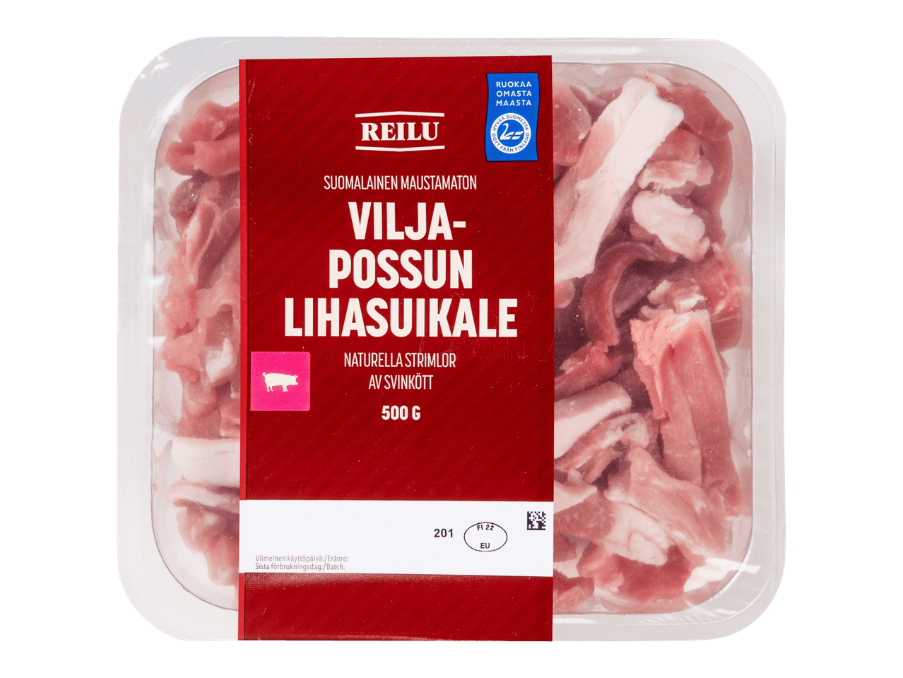 Pakkaus maustamatonta viljapossun lihasuikaletta, 500 g.