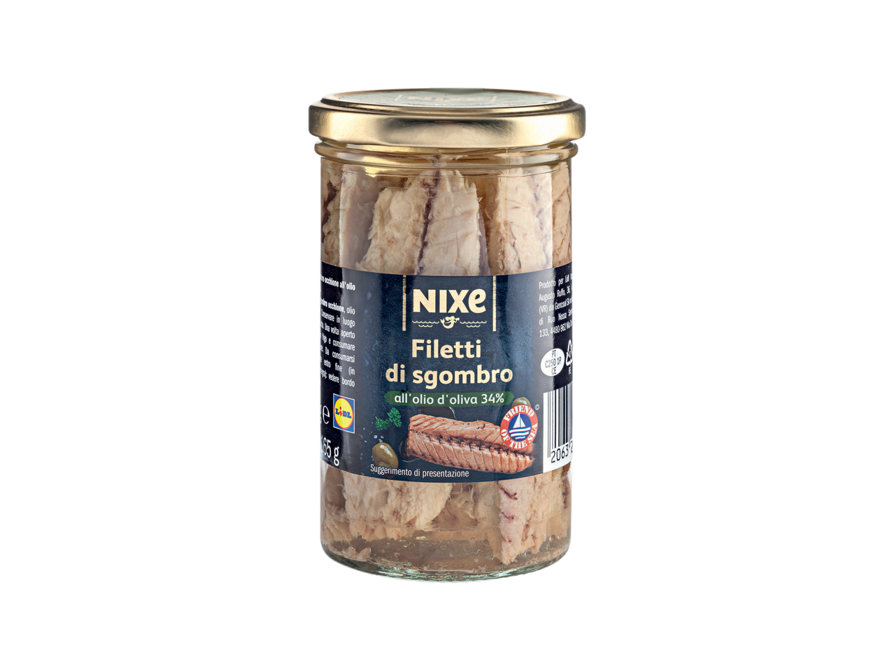 A glass jar of Nixe mackerel fillets in olive oil.