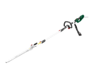 Cordless long-reach hedge trimmer with a green motor unit, white extension pole, and silver cutting blade.