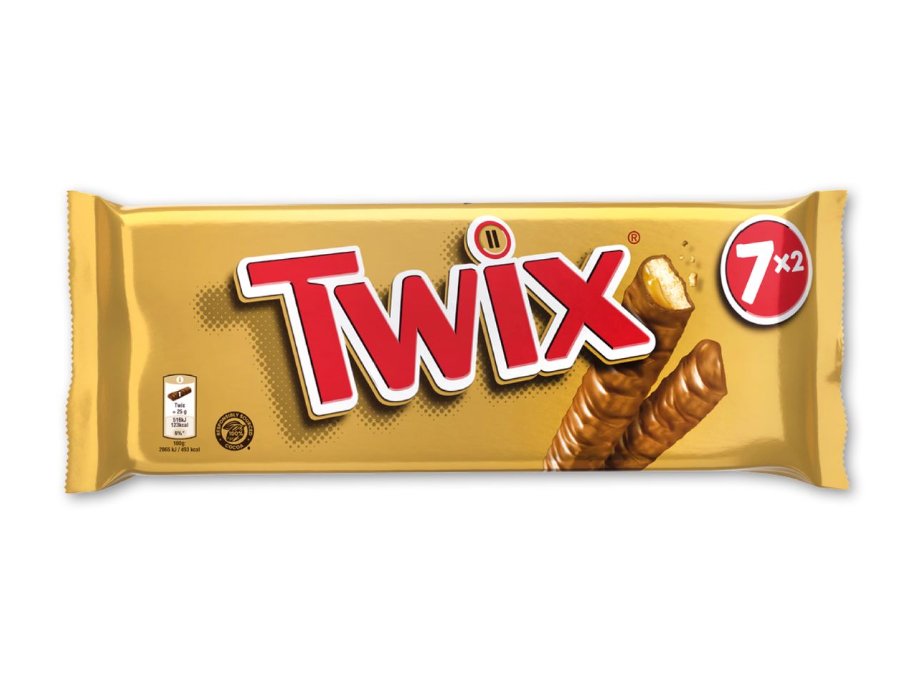 Guldindpakket chokoladebar med karamel og kiks, der viser en bidt bar og en hel bar.