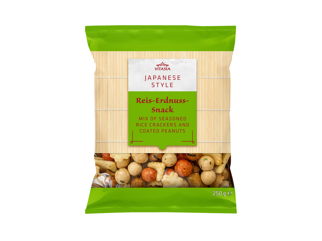 Vitasia Japanischer Stil Reis-Erdnuss-Snack: Mischung aus gewürzten Reiscrackern und überzogenen Erdnüssen (250g).