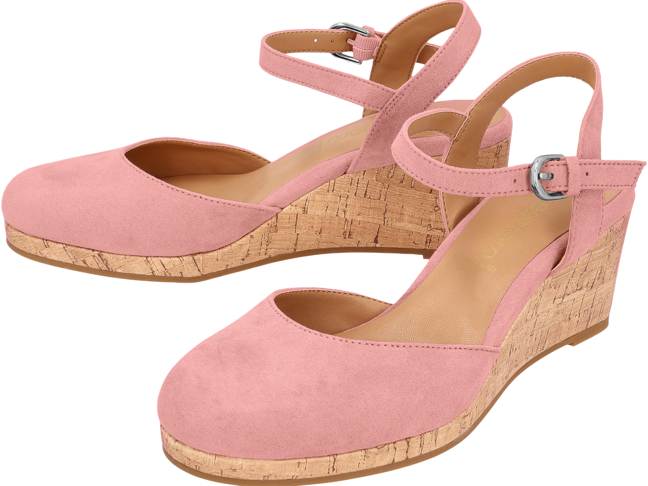 Rózsaszín, parafa talpú női szandálok bokapánttal és csattal.