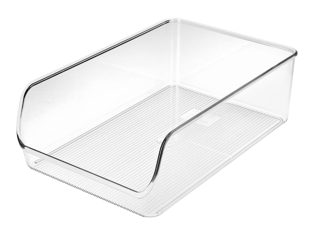 Clear plastic storage bin with a ribbed bottom, angled front, and rounded edges.