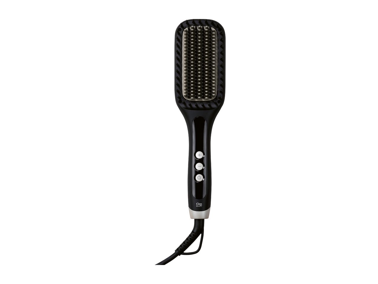Black heated hair straightening brush with control buttons and a power cord.