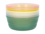Stack of colorful plastic bowls in pink, yellow, cream, light blue, and green.