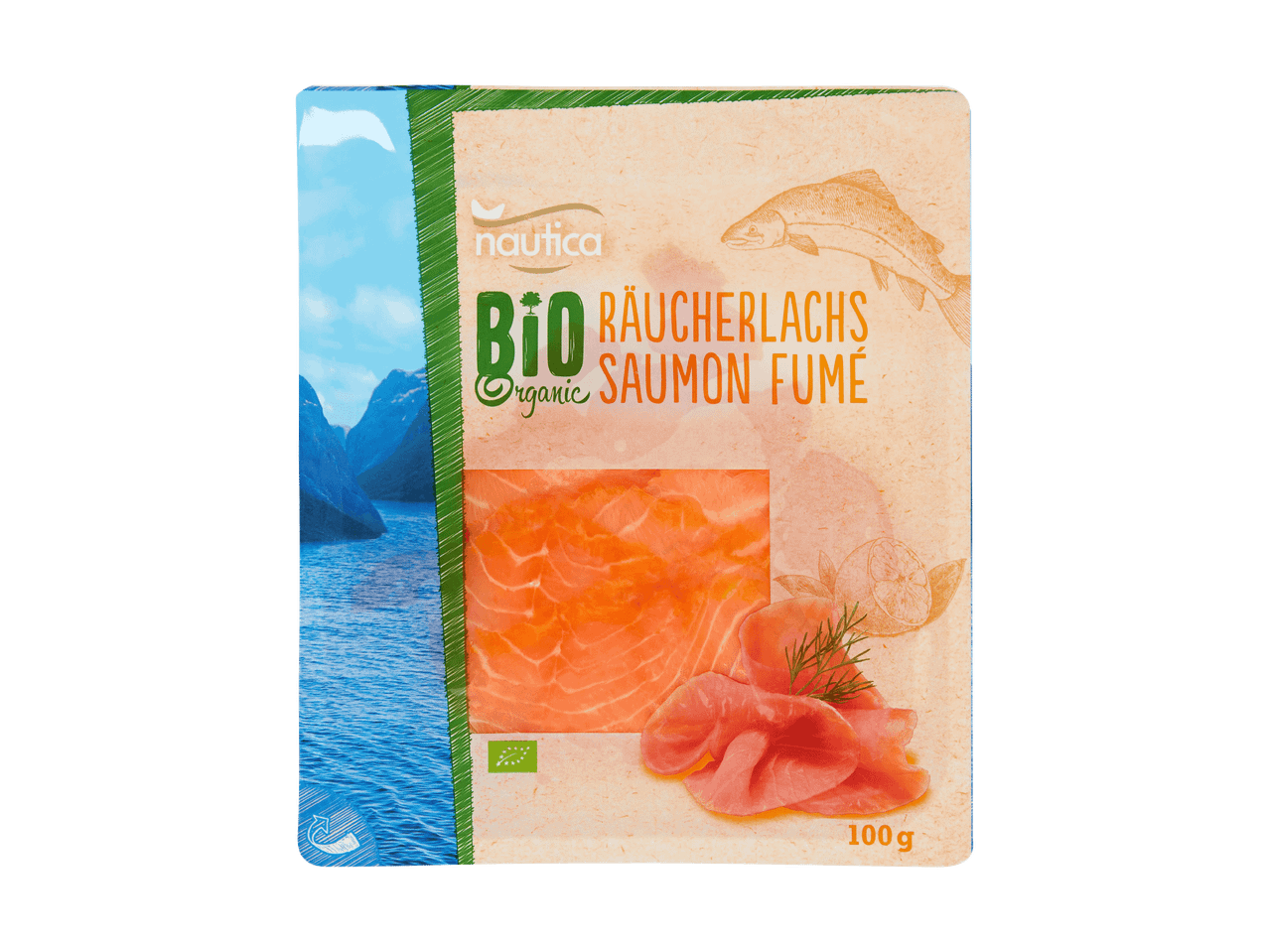 Paquet de saumon fumé biologique avec un fond de fjord et du citron.