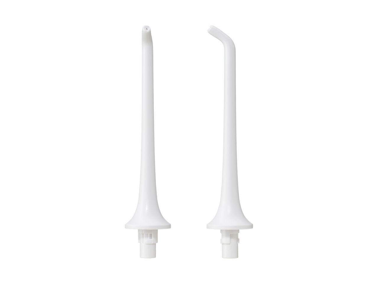 Two white water flosser nozzles, one straight and one angled, on a white background.