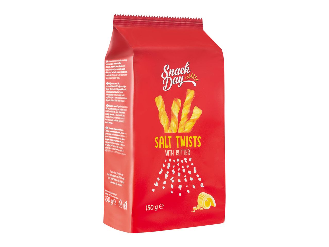 Snack Day sós csavart rudak vajjal, 150g-os kiszerelésben.