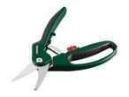 Green and black garden shears with stainless steel blades and a red locking mechanism.