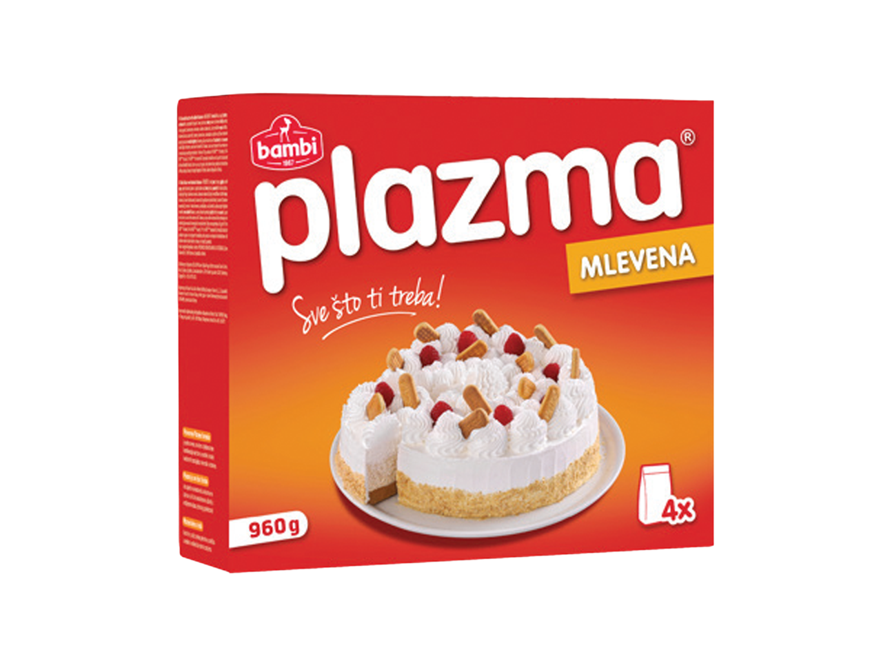 Kutija mlevenog keksa sa slikom torte od keksa i šlaga, ukrašene malinama.