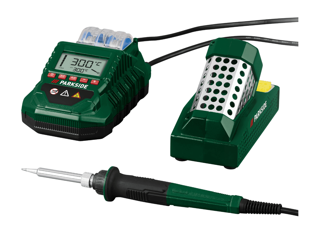 Lötstation mit Digitalanzeige, Lötkolben und Lötkolbenhalter.