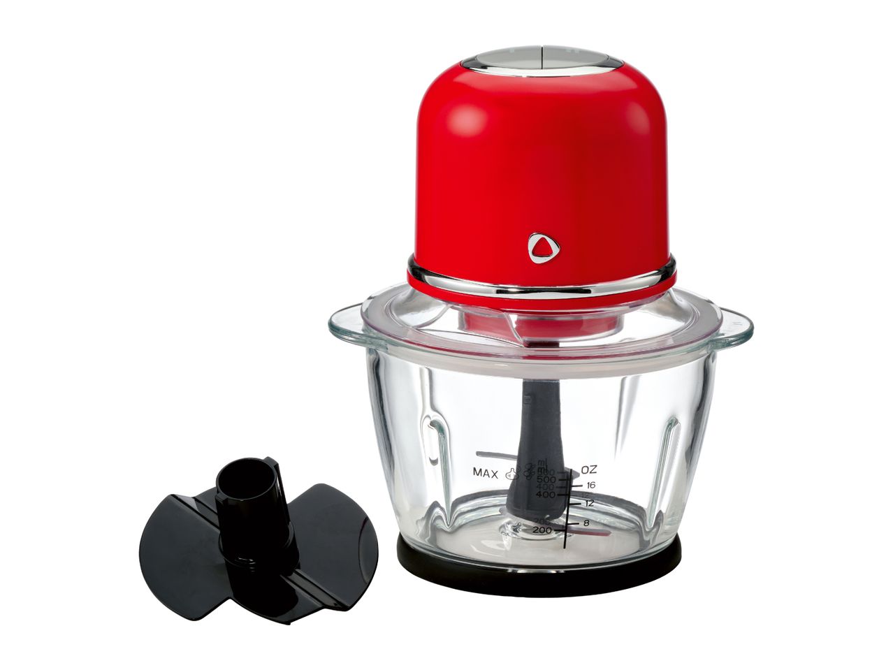 Red electric food chopper with glass bowl and peeling attachment