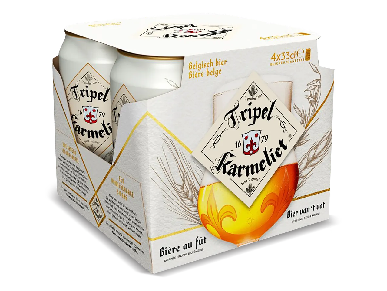 Een verpakking met vier blikjes Belgisch bier, met de tekst 'Bière au fût' en 'Bier van 't vat'.