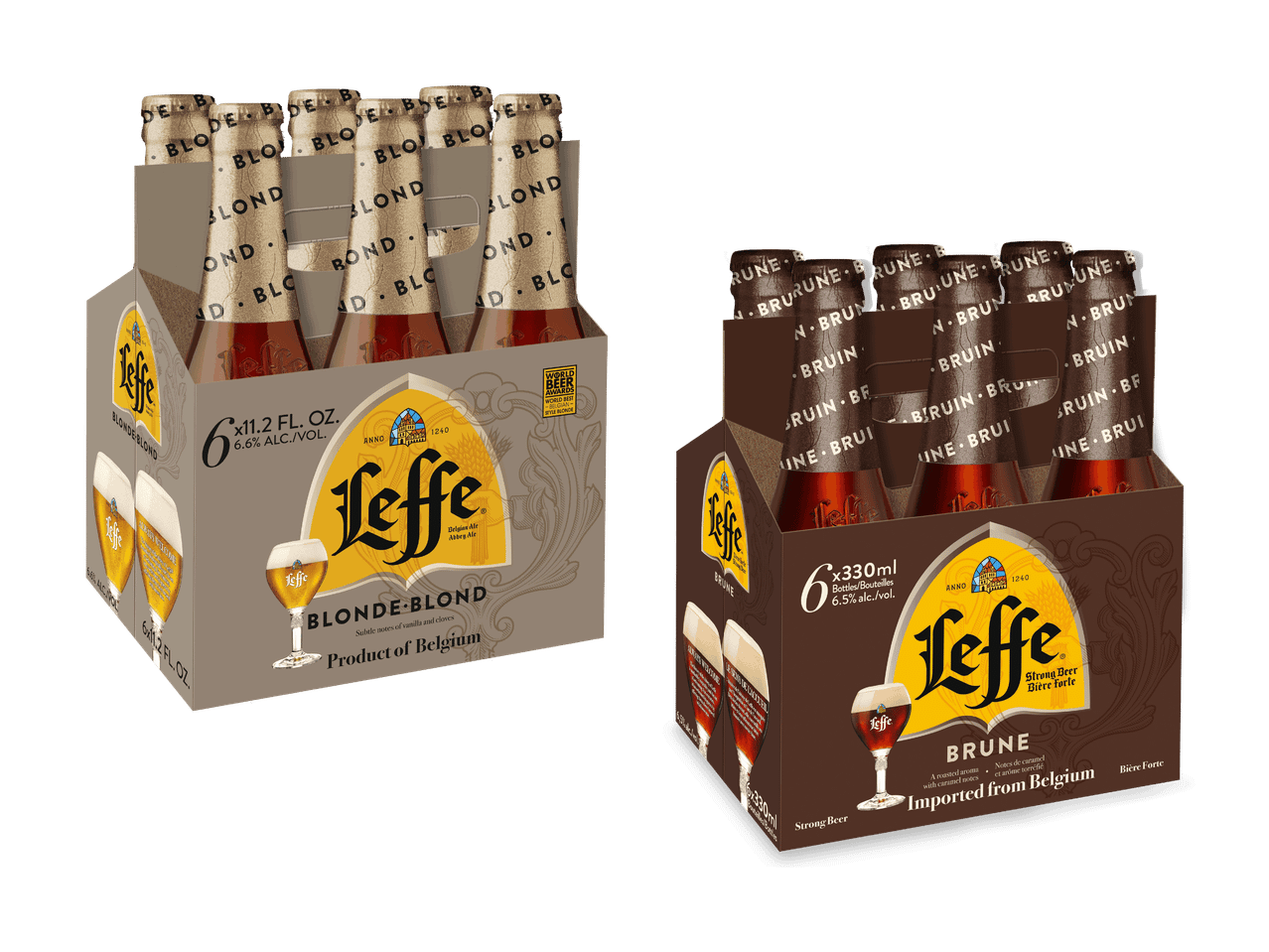 Zwei Sixpacks Leffe Bierflaschen, eine helle und eine dunkle Sorte.