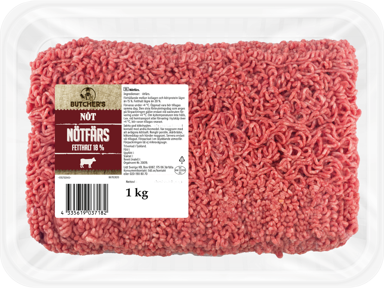 Förpackning med nötfärs från Butcher's med 18% fetthalt.
