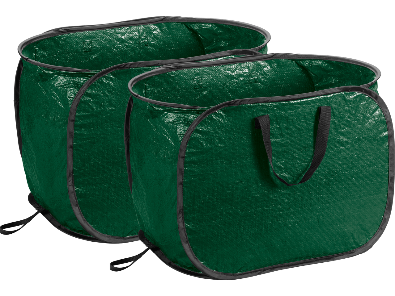 Dois sacos verdes dobráveis para resíduos de jardim com alças pretas