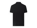 Back view of a plain black short-sleeved polo shirt with a ribbed collar.
