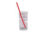 A glass of sparkling water with ice cubes and a red straw.