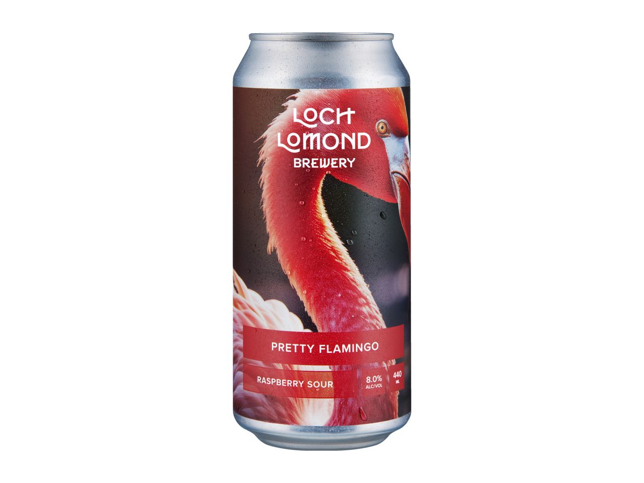 A can of raspberry sour beer with a flamingo design, 8.0% ABV, 440ml.