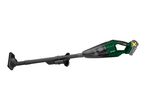 Cordless stick vacuum cleaner with a long extension wand and a brush attachment.