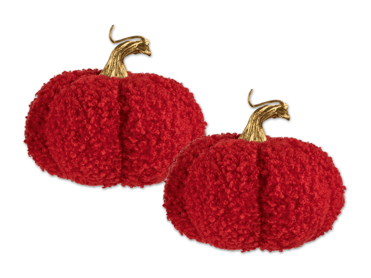 Zwei rote, flauschige Kürbisse mit goldenen Stielen auf schwarzem Hintergrund.