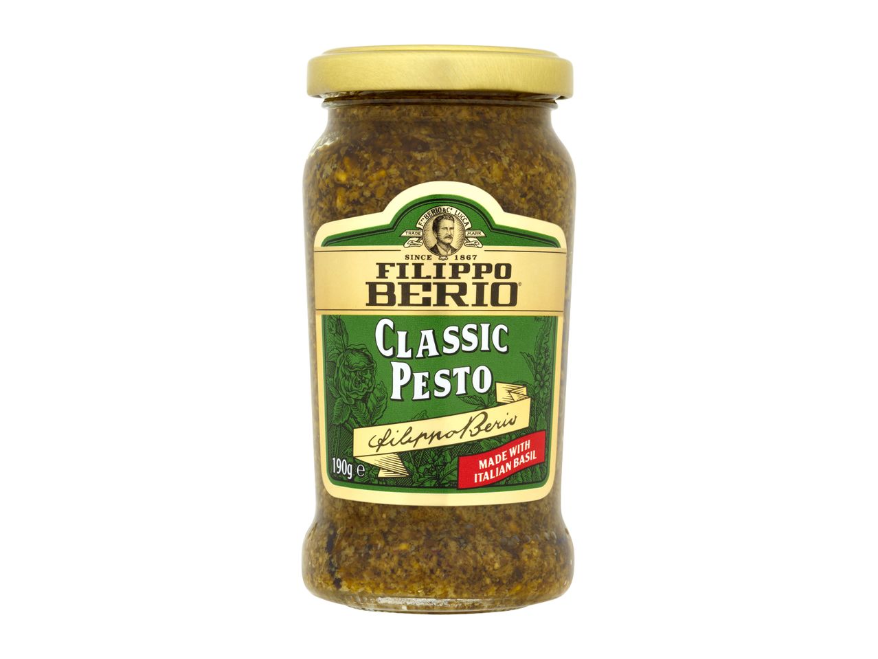 Filippo Berio Classic Pesto jar with a green and gold label.