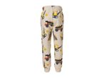 Kids' beige sweatpants with construction vehicle print, including excavators and dump trucks.