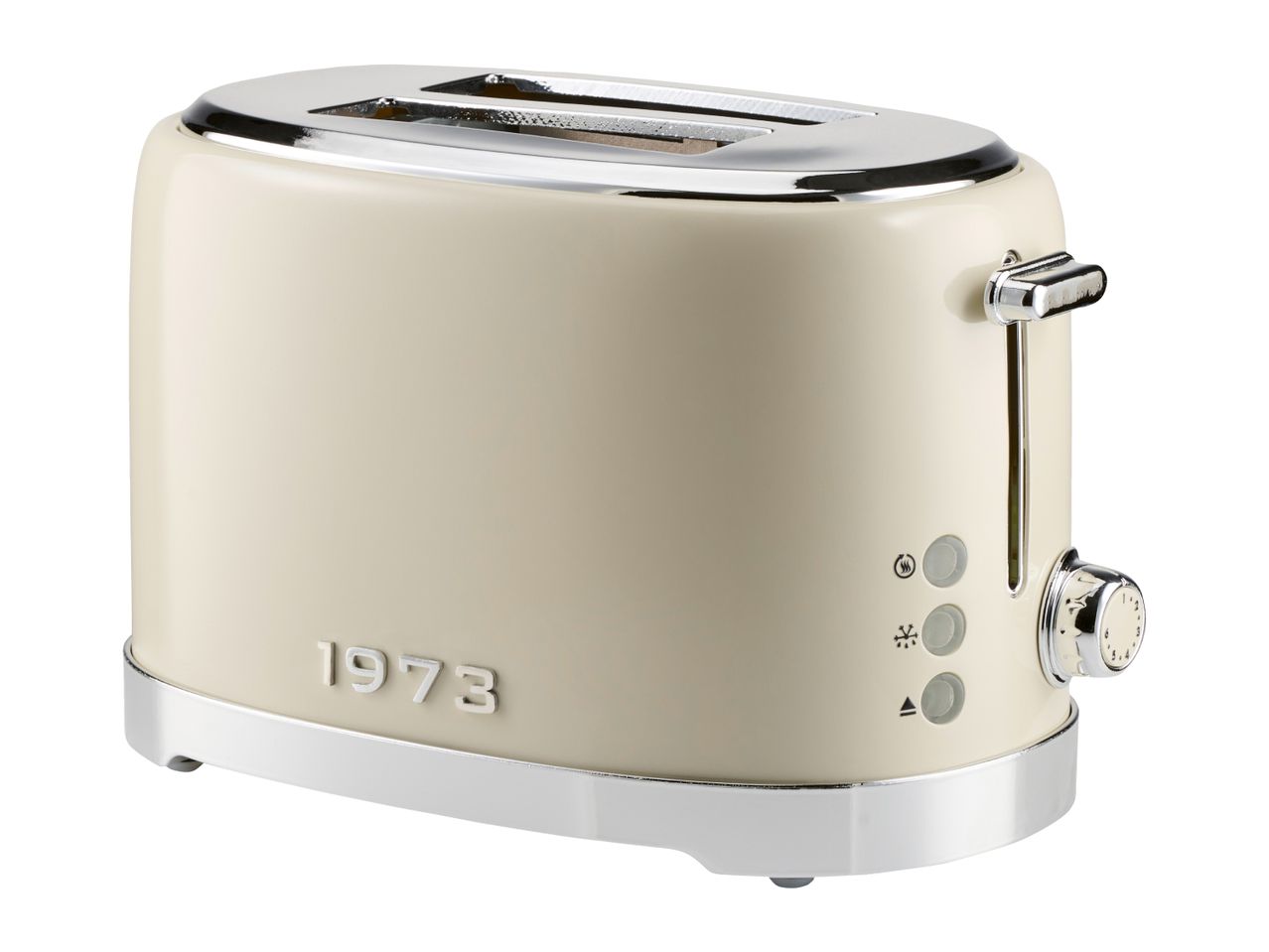 Cream-colored toaster with chrome accents and '1973' embossed on the side.
