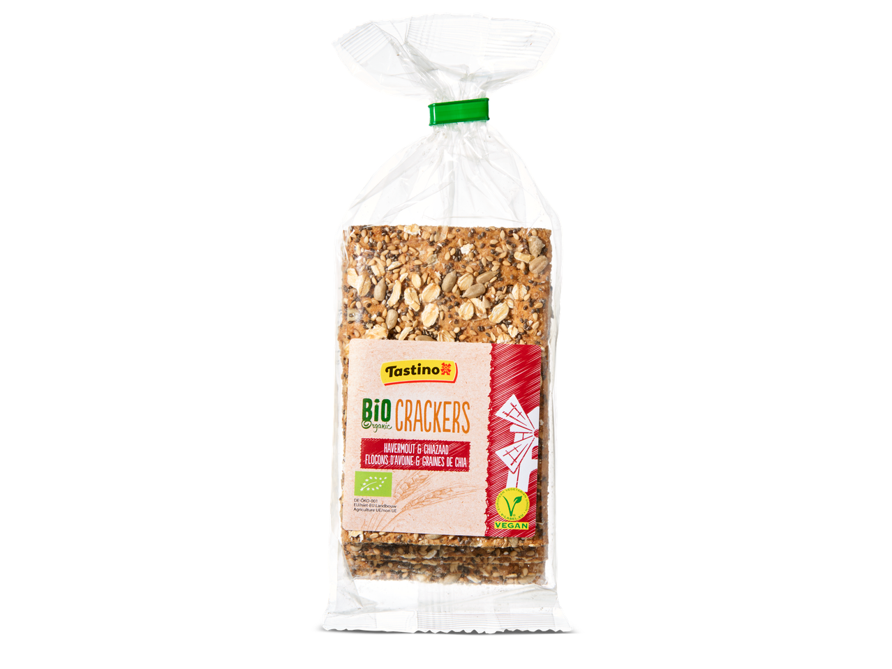 Tastino Bio Crackers: vegan havermout- en chiazaad crackers.