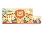 Children's wooden puzzle with a leopard, lion, tiger, and mouse in a jungle scene.