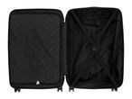 Open black suitcase with patterned lining and elastic straps.