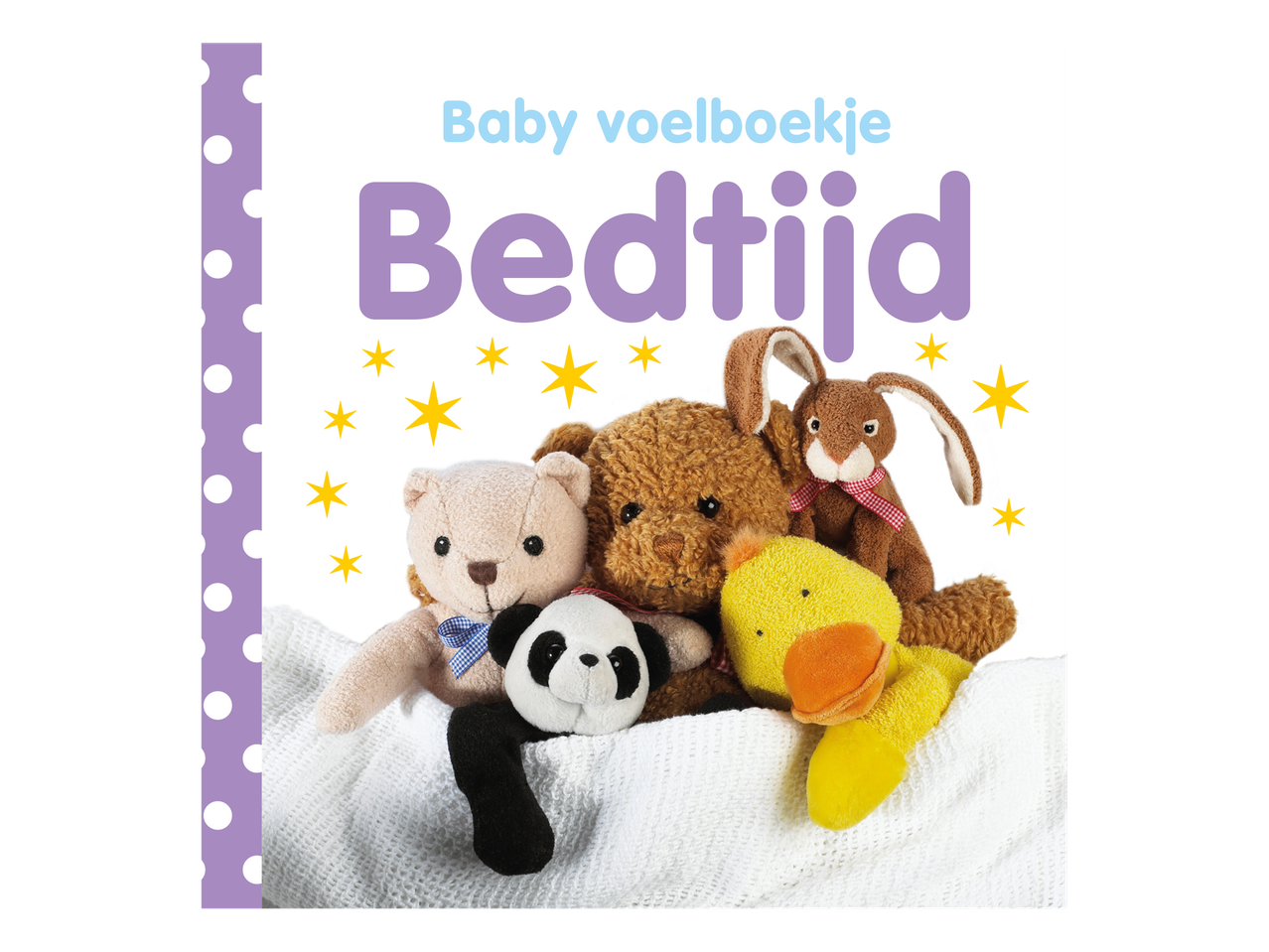 Baby voelboekje Bedtijd met knuffels en sterren op een witte deken.