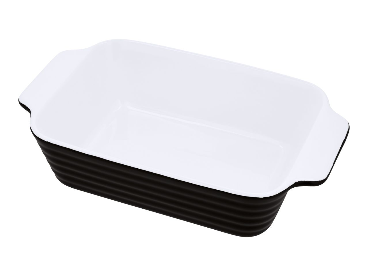 Black and white rectangular ceramic baking dish with ribbed exterior
