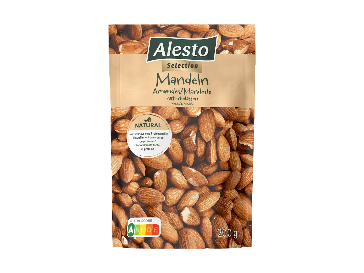 Paquet d'amandes naturelles de 200g, source de protéines, avec Nutri-Score A.